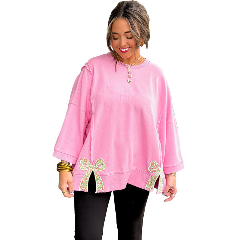 Women's Fashionable, Designer-Style Patchwork Hoodie With Bow-Knot And Crew Neck
